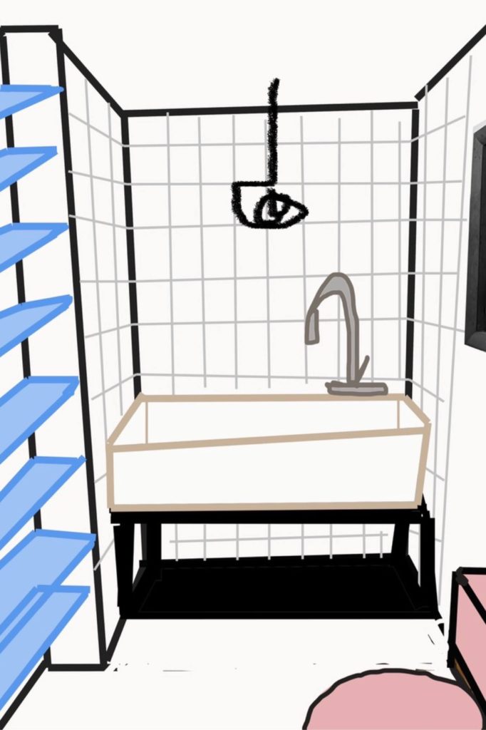 a drawing of a bathroom with a large sink and toilet