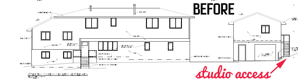 this is a line drawing of a house, it shows the exterior entry to the studio